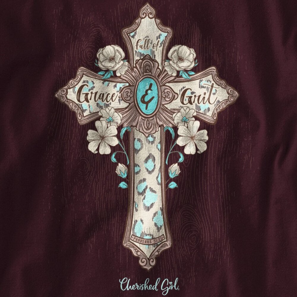 Kerusso Women's Long Sleeve T-Shirt Turquoise Cross "Full of Grace Girl" - New - Picture 2 of 5